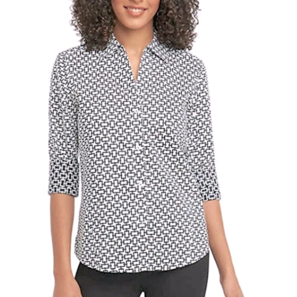 Foxcroft Women’s‎ Black and White Patterned Button Down Top Small Easy Care